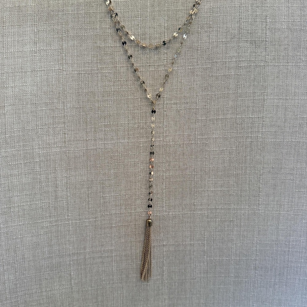 Gold Tone Layered Y Necklace Disc Tassel Chain Pendant Womens Statement Long